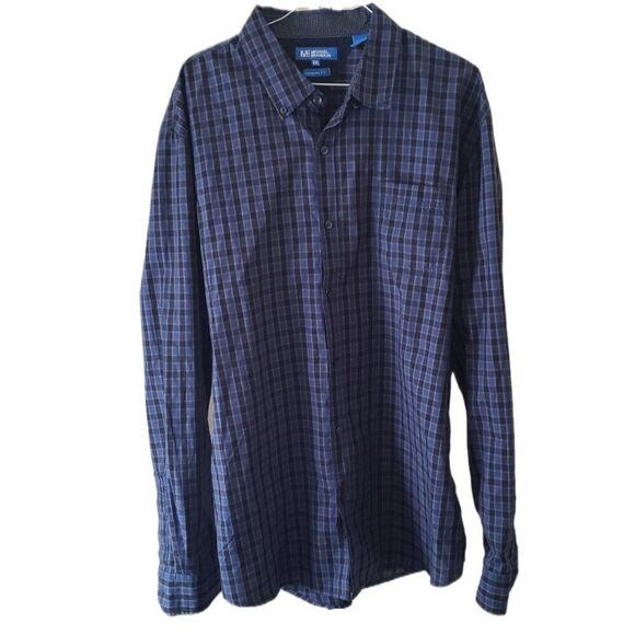 Michael Brandon Modern Fit Men's Navy Blue Plaid Long Sleeve Button Down Shirt - Picture 1 of 4